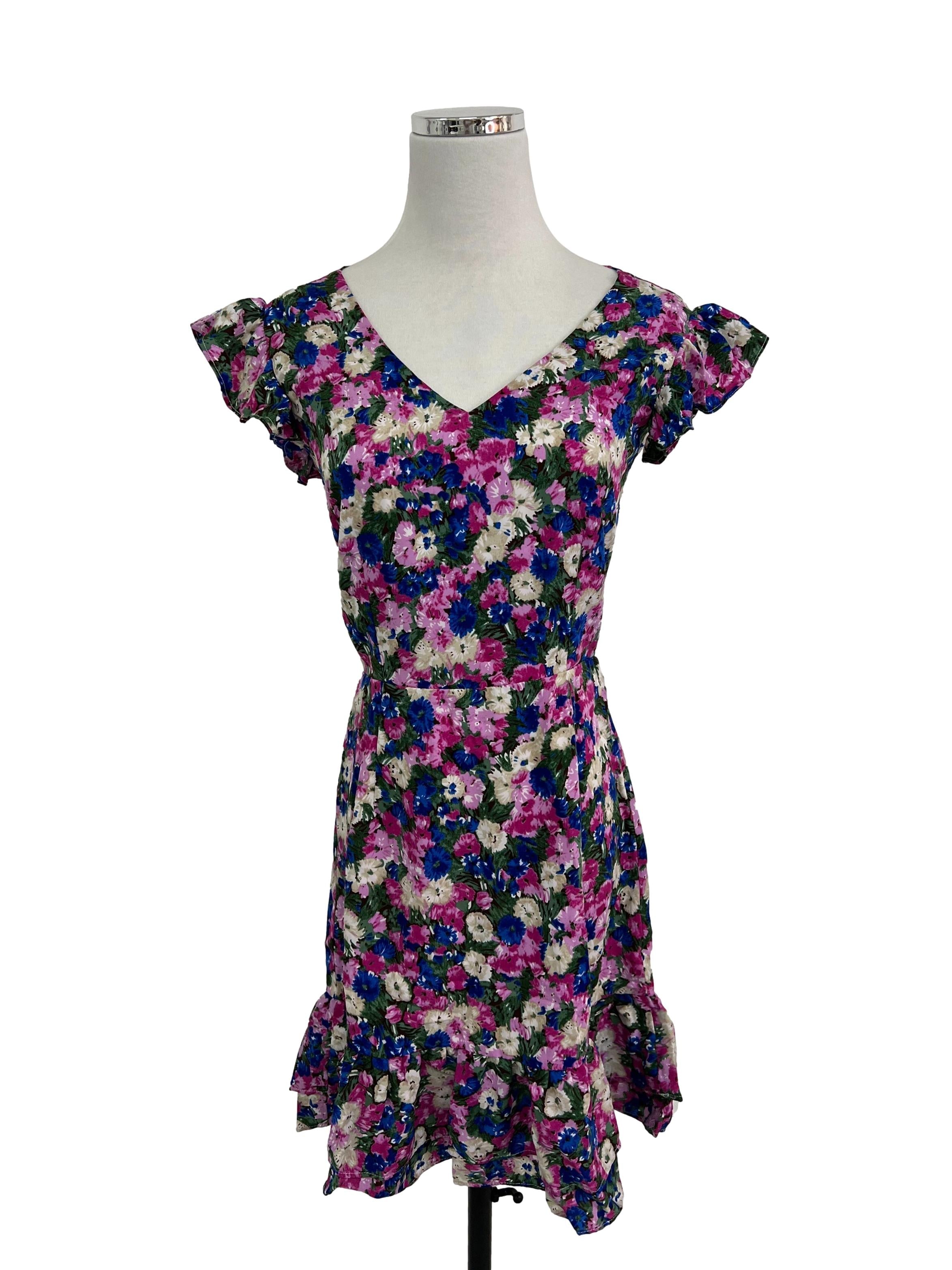 Purple Floral Print V Neck Dress