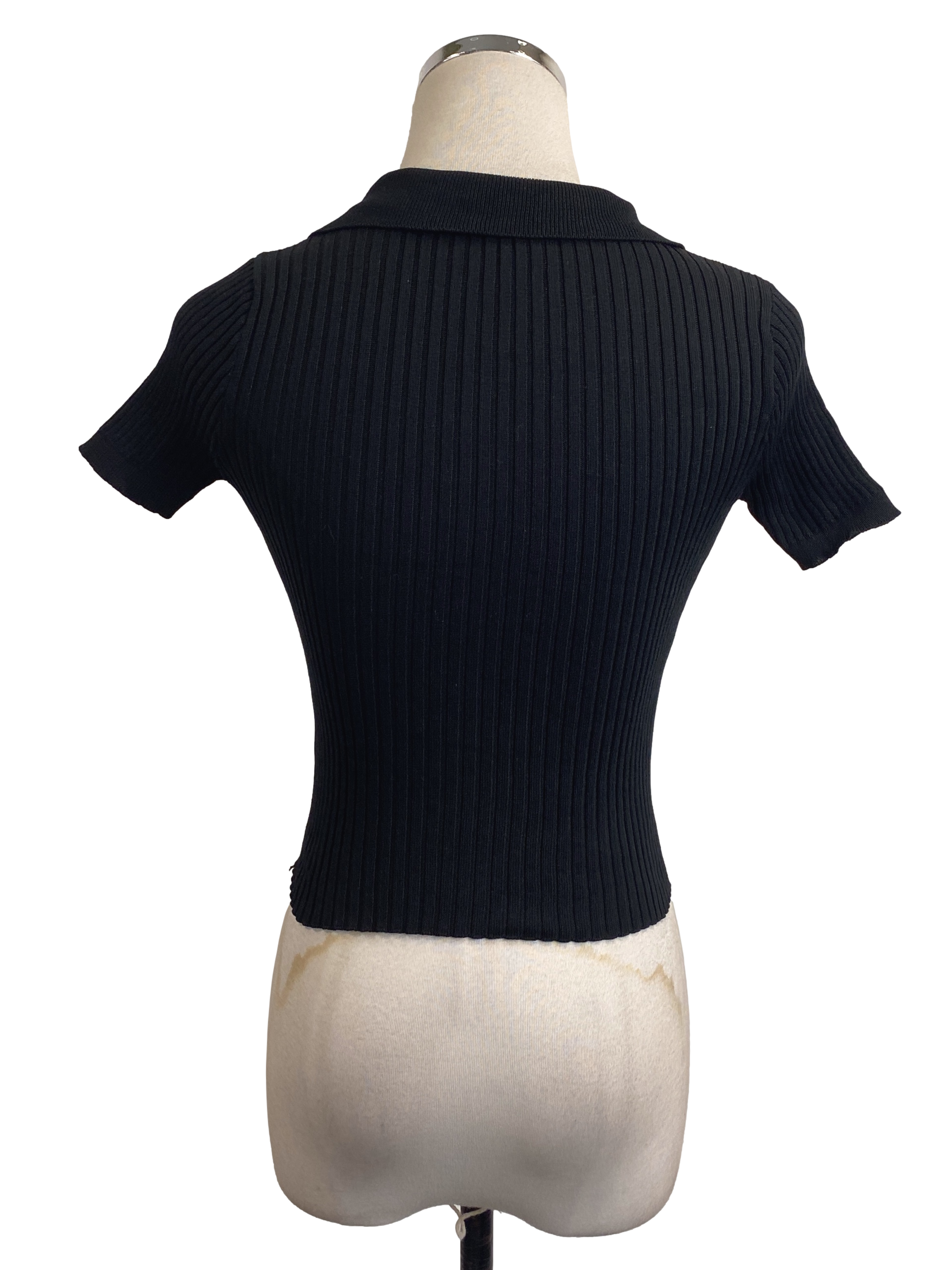 Black Ribbed Butooned Collared Top