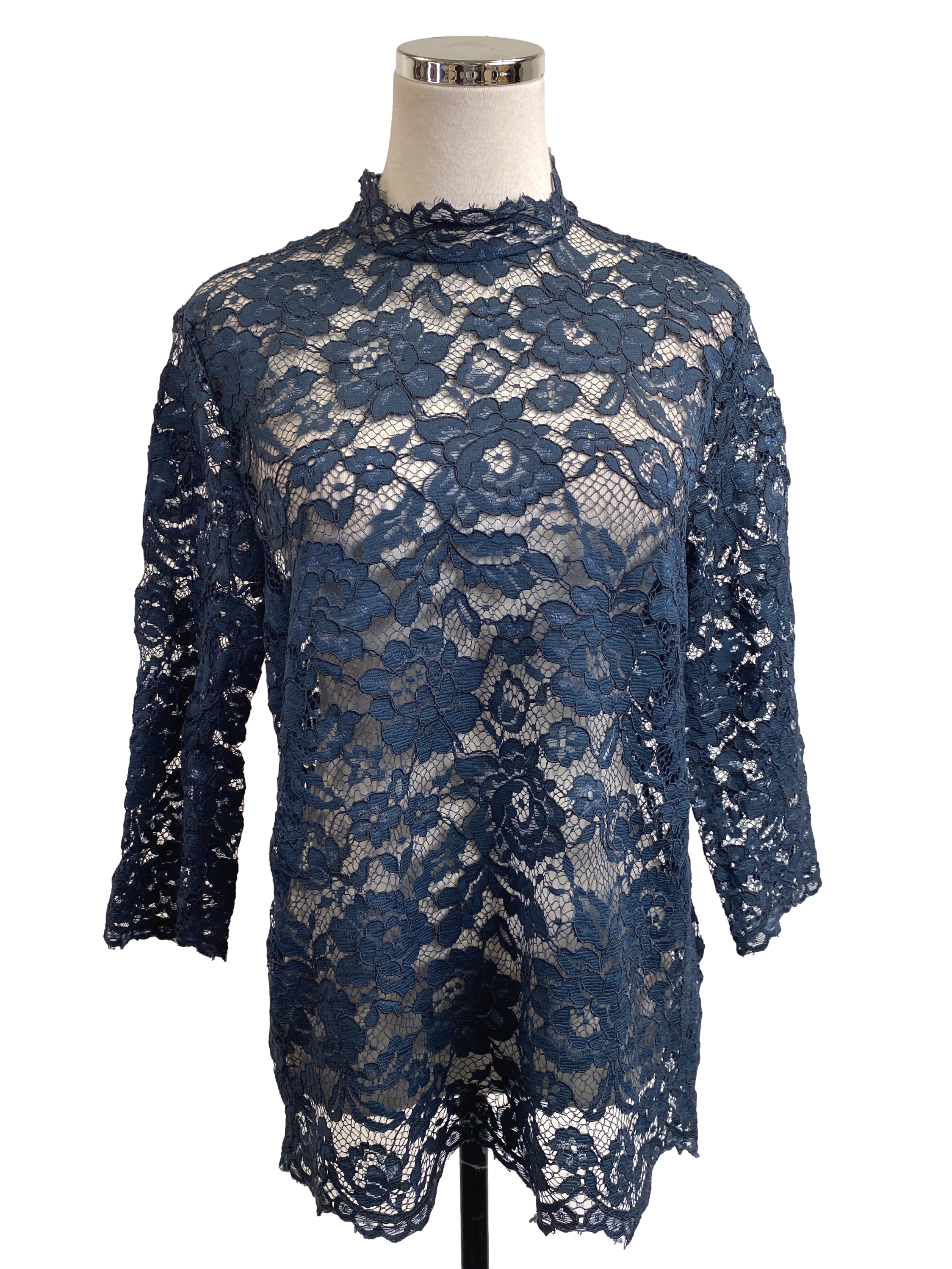 Midnight Blue Lace Stand Collar Top