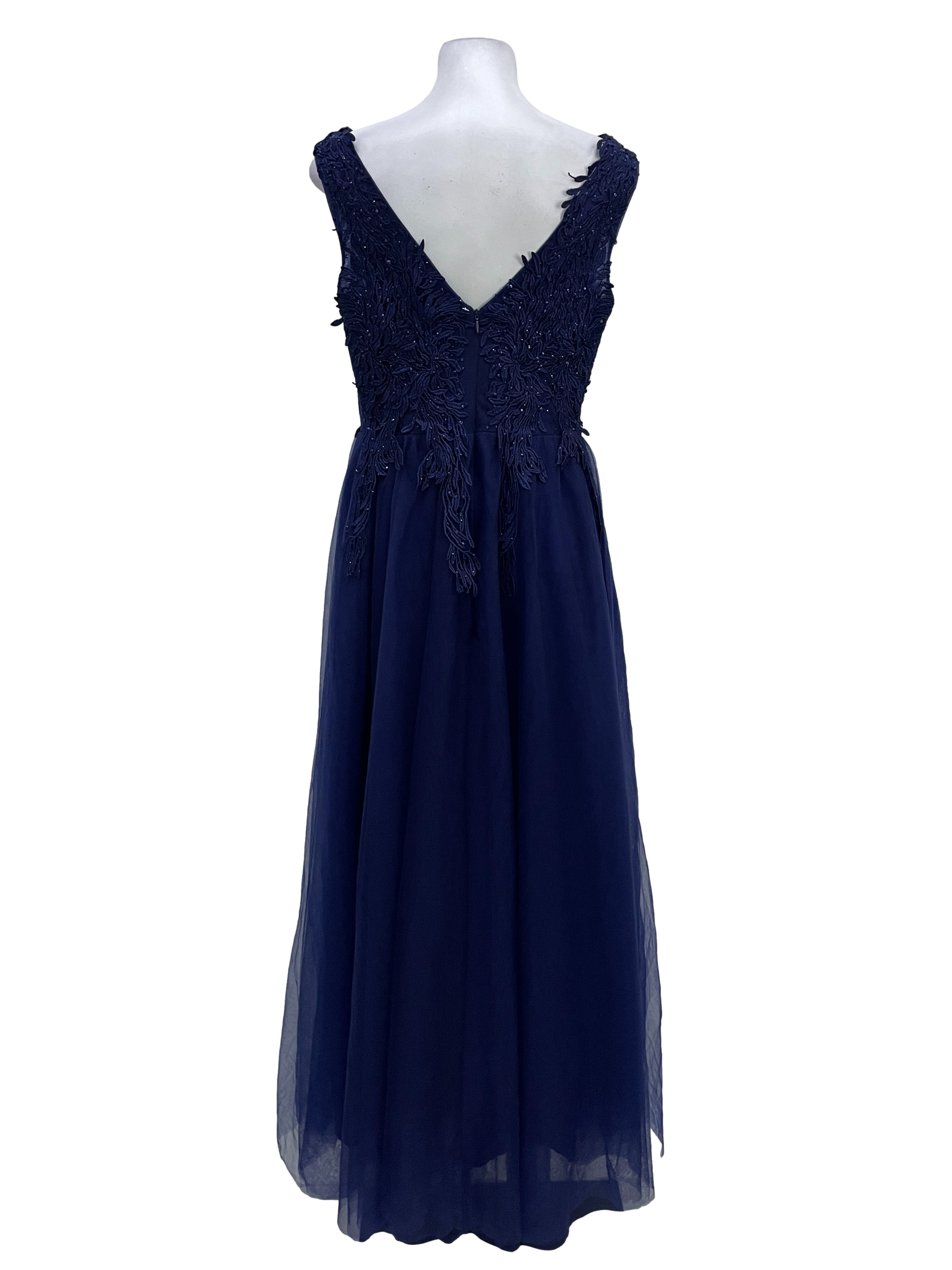 Navy Beaded Lace Long Gown Dress