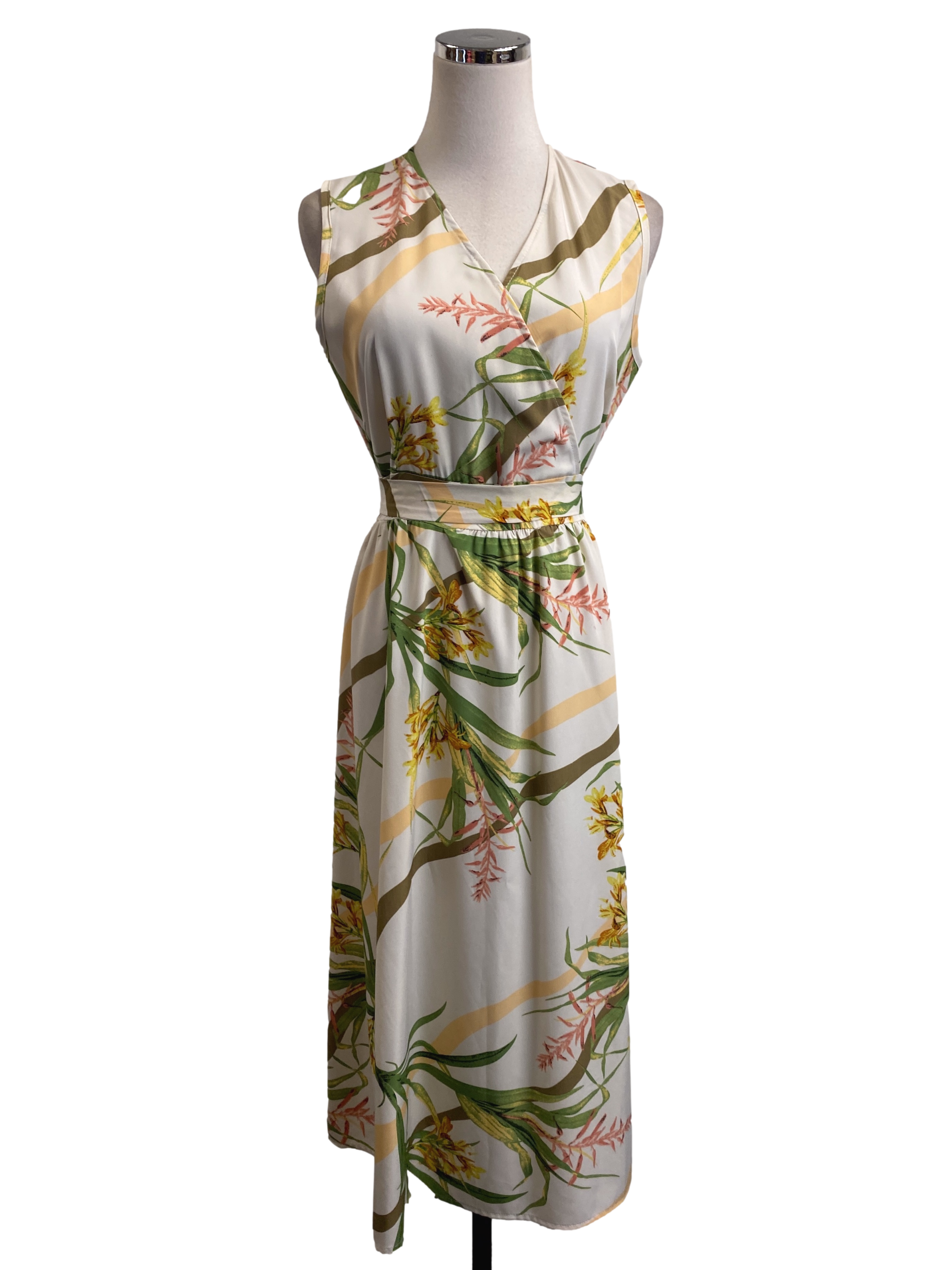 Cream Floral Leaf Print Empire Dress