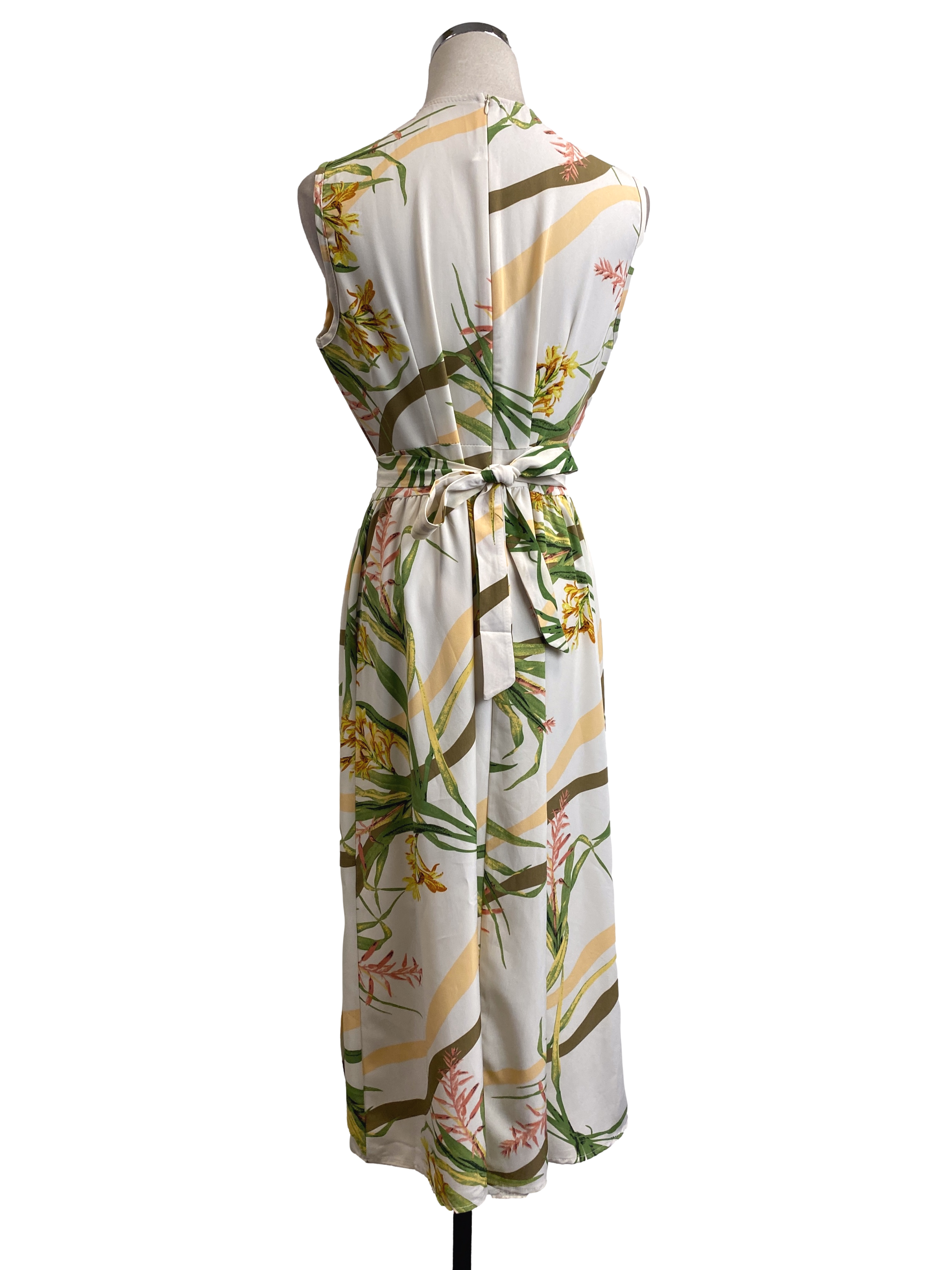 Cream Floral Leaf Print Empire Dress
