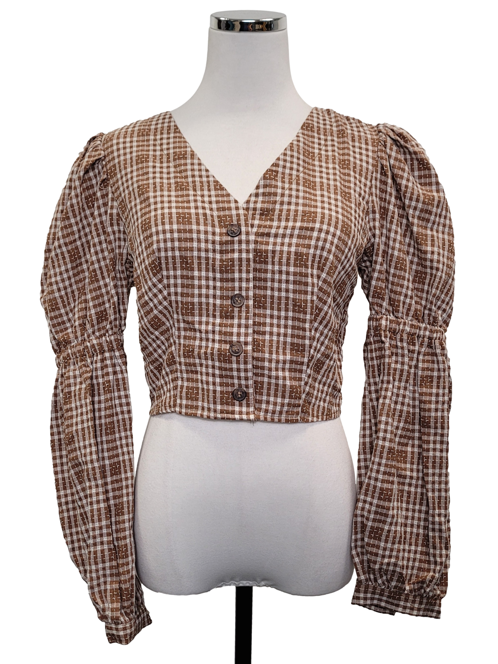 Coffee Brown Plaid Open Back Blouse
