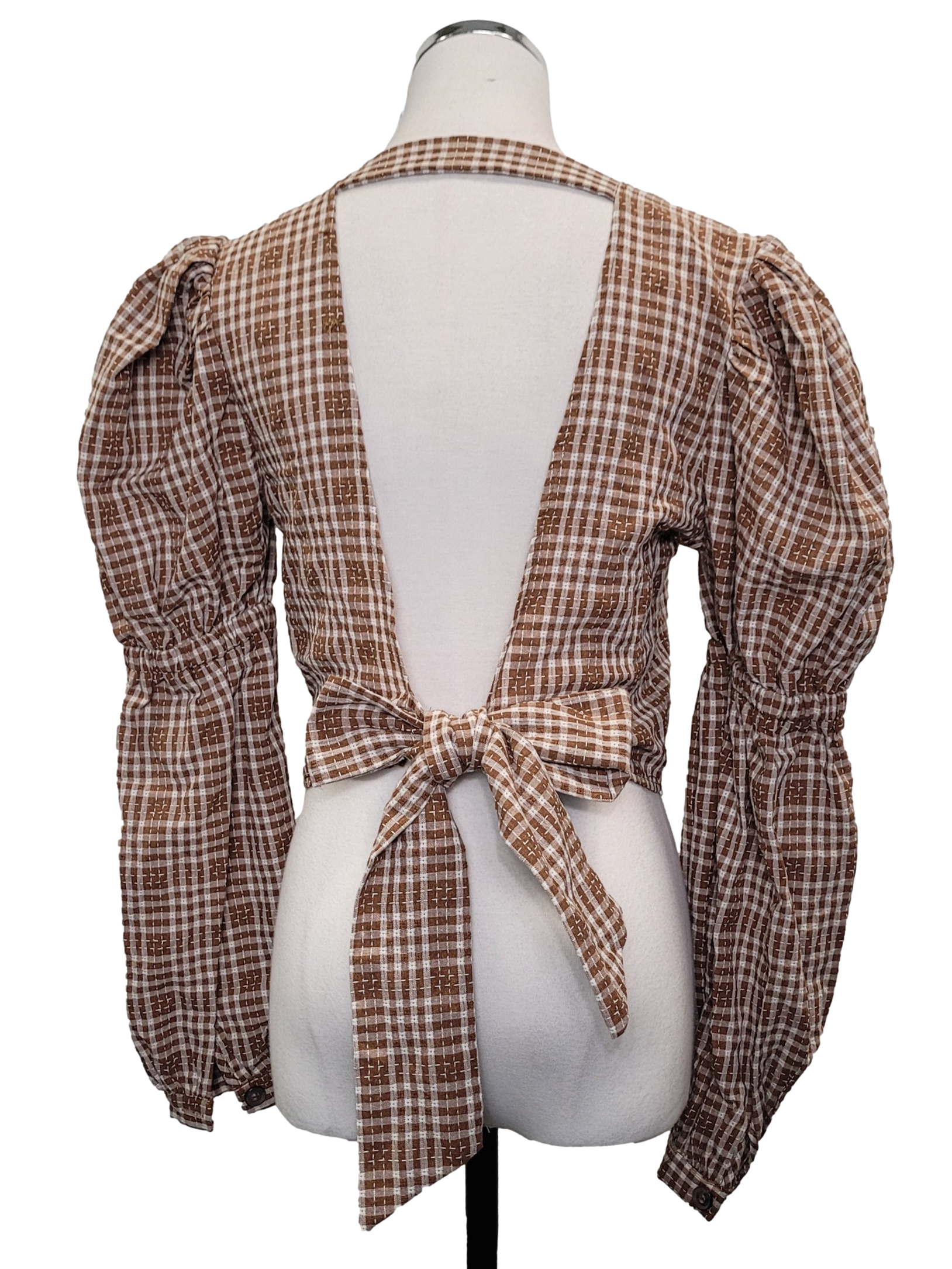 Coffee Brown Plaid Open Back Blouse