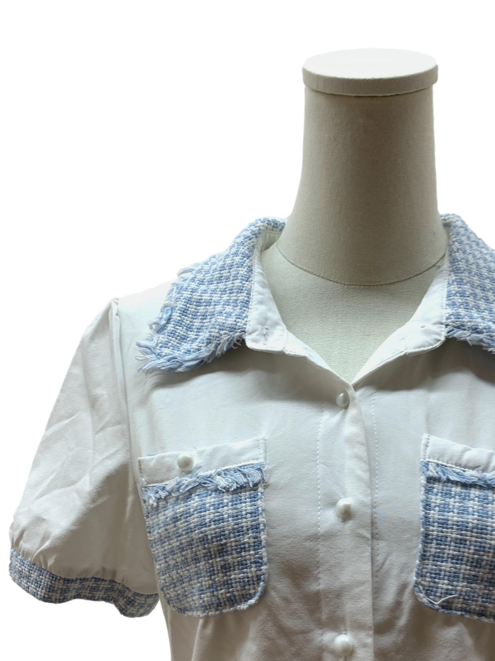 White Blue Collared Houndstooth Top