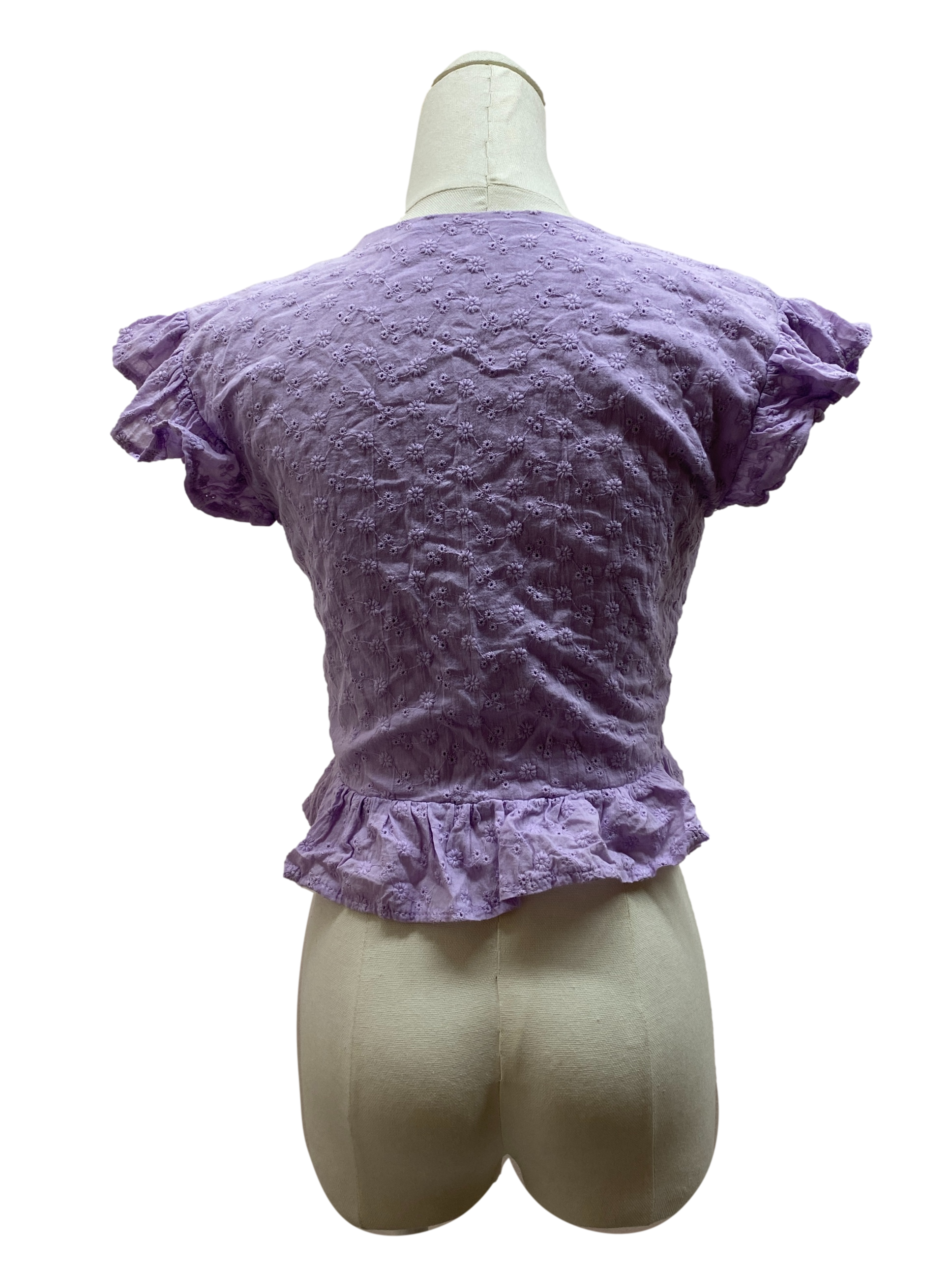 Heather Purple Floral Embroidery Ruffle Sleeved Top